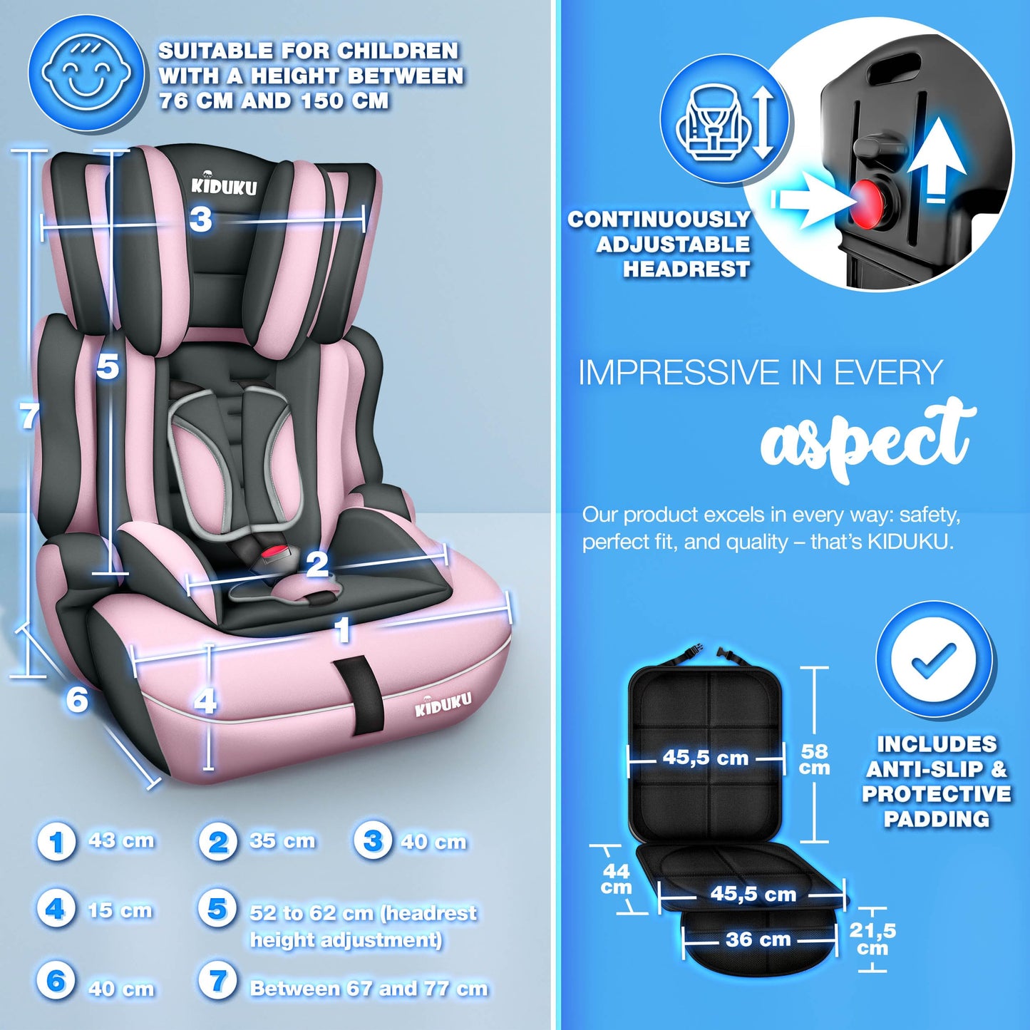KIDUKU 3-in-1 Safety Car Seat, Grey/Pink