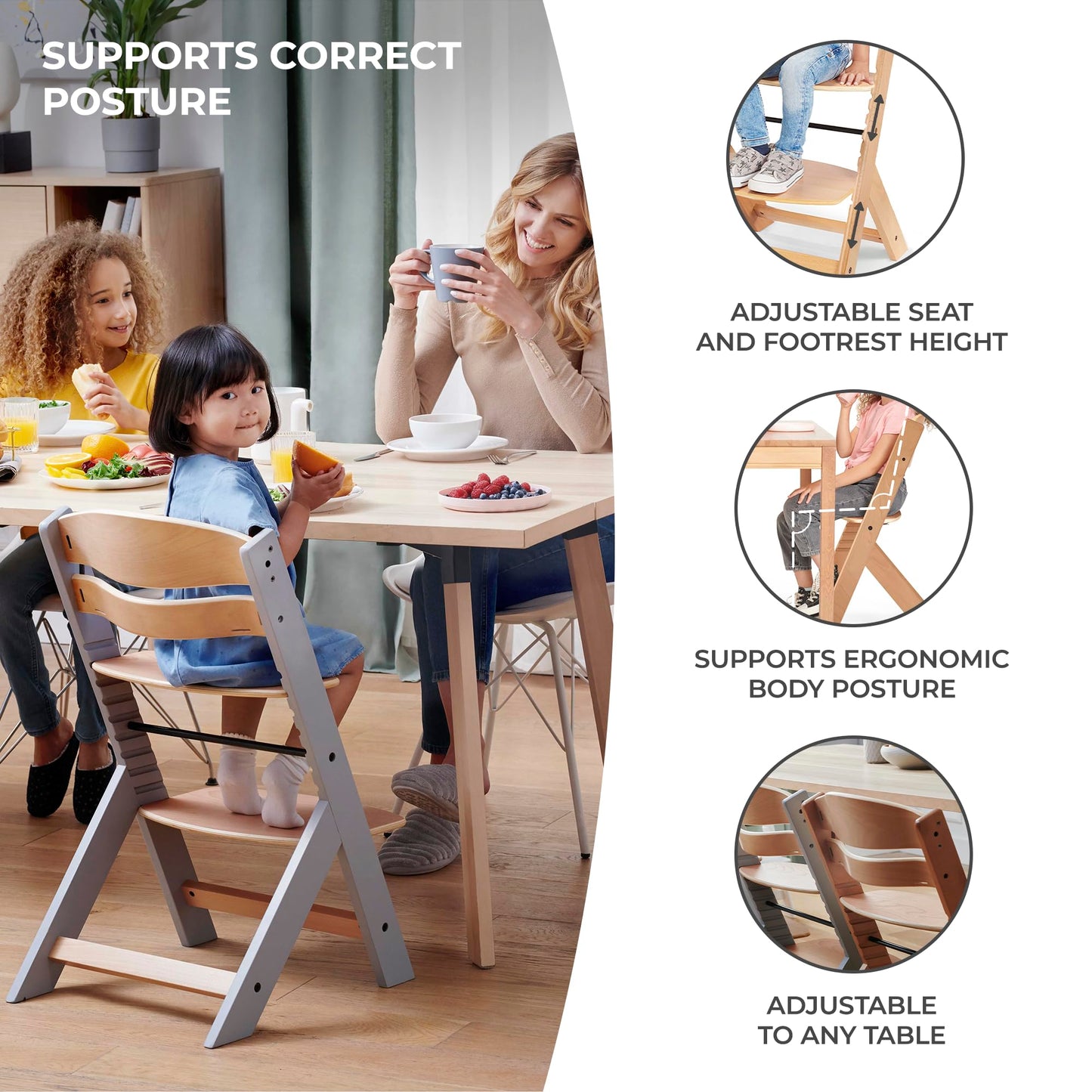 Kinderkraft ENOCK 3-in-1 Wooden Highchair for Baby & Child