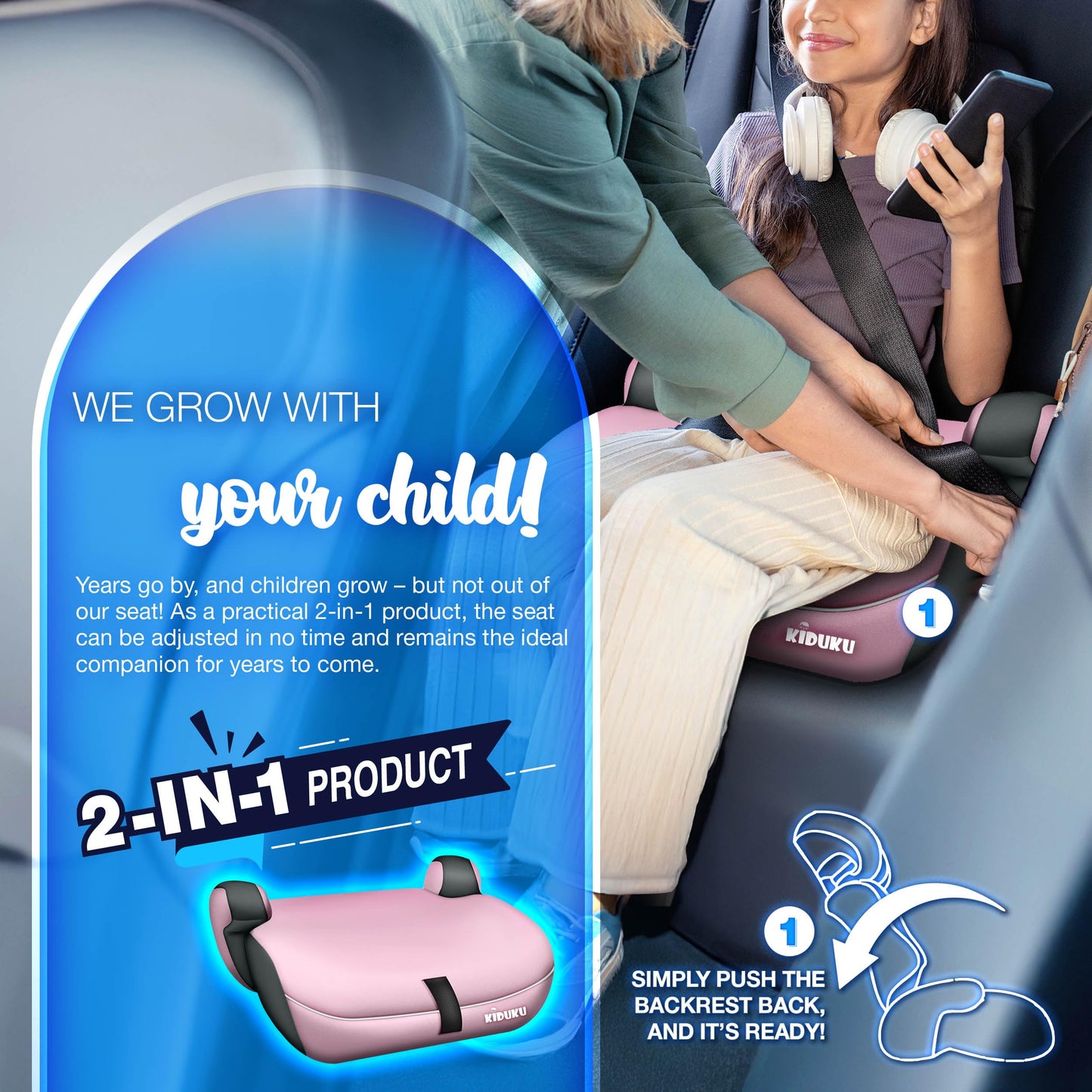 KIDUKU 3-in-1 Safety Car Seat, Grey/Pink